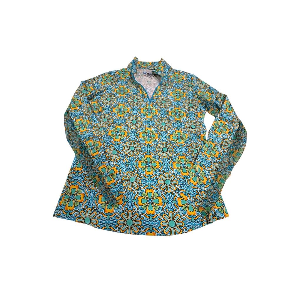 IBKUL | Icefil Green Blue Abstract Floral Long Slv 1/4 Zip Golf Shirt | Sz XS